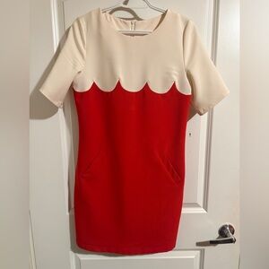 Red and Cream Scalloped Dress with Pockets